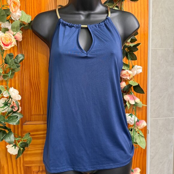 Navy Halter Tank Top w/ Gold Chain Straps - Picture 3 of 7